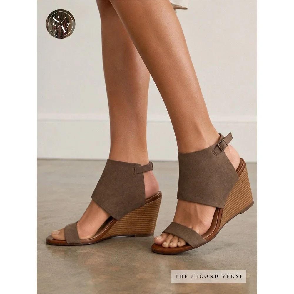 Halogen Wedge Sandals Women 8‎ Taupe Suede Ankle Strap Wood Heel Open Toe